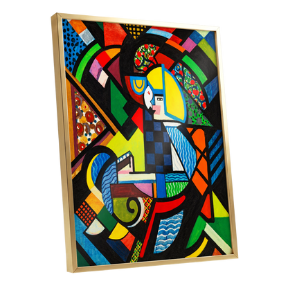 Chromatic Confluence, multicolor, black, blue abstract wall art shown as a gold framed poster wall art print