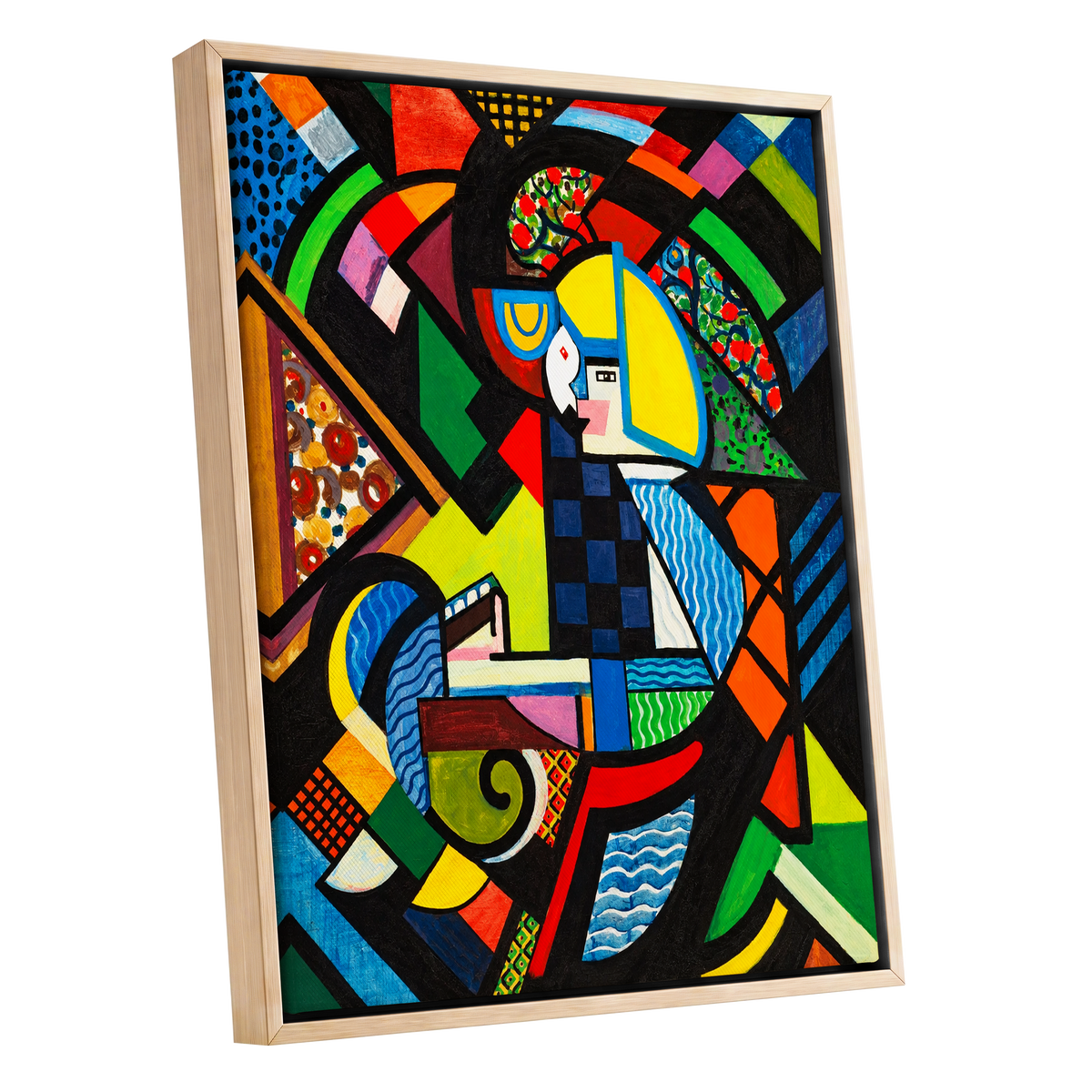 Chromatic Confluence, multicolor, black, blue abstract wall art shown as a oak framed canvas wall art
