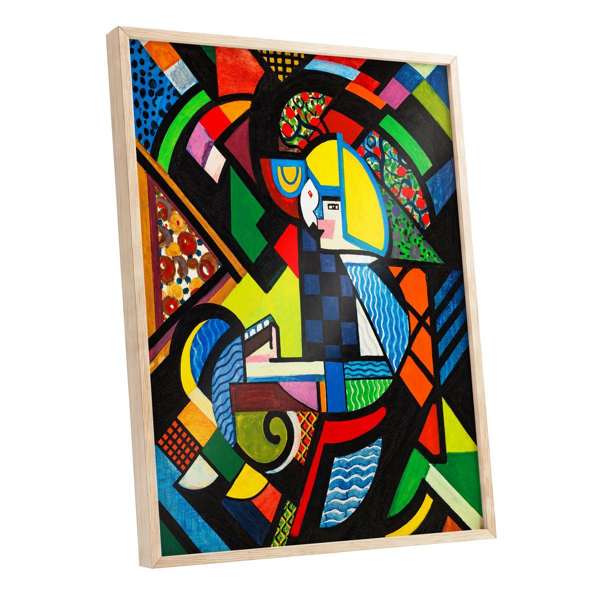 Chromatic Confluence, multicolor, black, blue abstract wall art shown as a oak framed poster wall art print