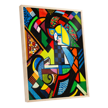 Chromatic Confluence, multicolor, black, blue abstract wall art shown as a oak framed poster wall art print