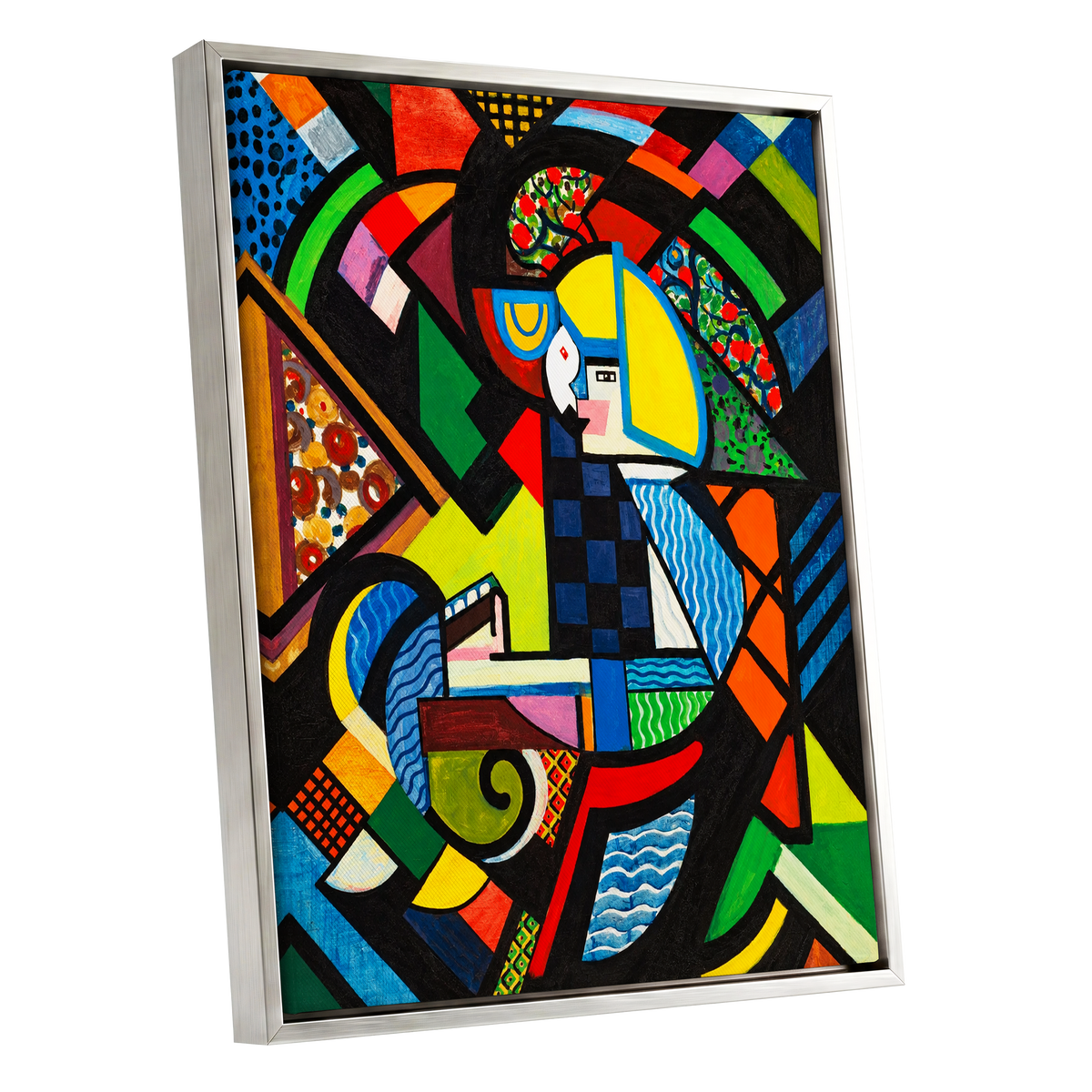 Chromatic Confluence, multicolor, black, blue abstract wall art shown as a silver framed canvas wall art