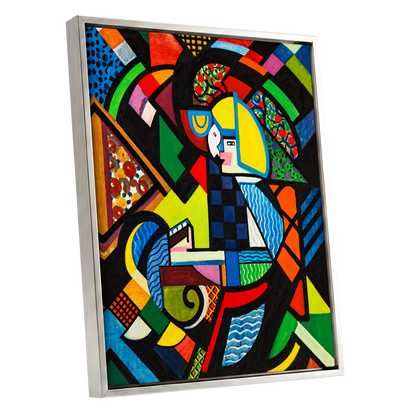 Chromatic Confluence, multicolor, black, blue abstract wall art shown as a silver framed canvas wall art