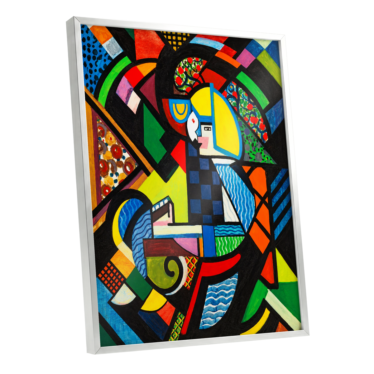 Chromatic Confluence, multicolor, black, blue abstract wall art shown as a silver framed poster wall art print