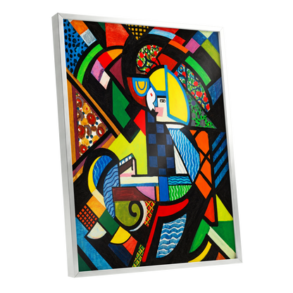 Chromatic Confluence, multicolor, black, blue abstract wall art shown as a silver framed poster wall art print