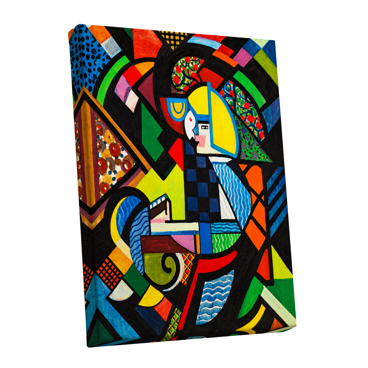 Chromatic Confluence, multicolor, black, blue abstract wall art shown as a stretched canvas wall art