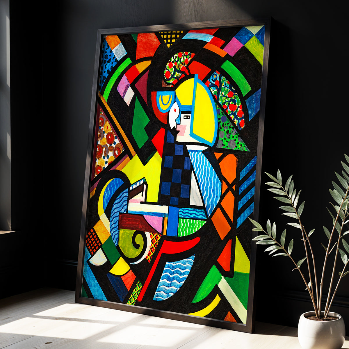 Chromatic Confluence, multicolor, black, blue abstract wall art displayed in a styled interior, gallery view 2