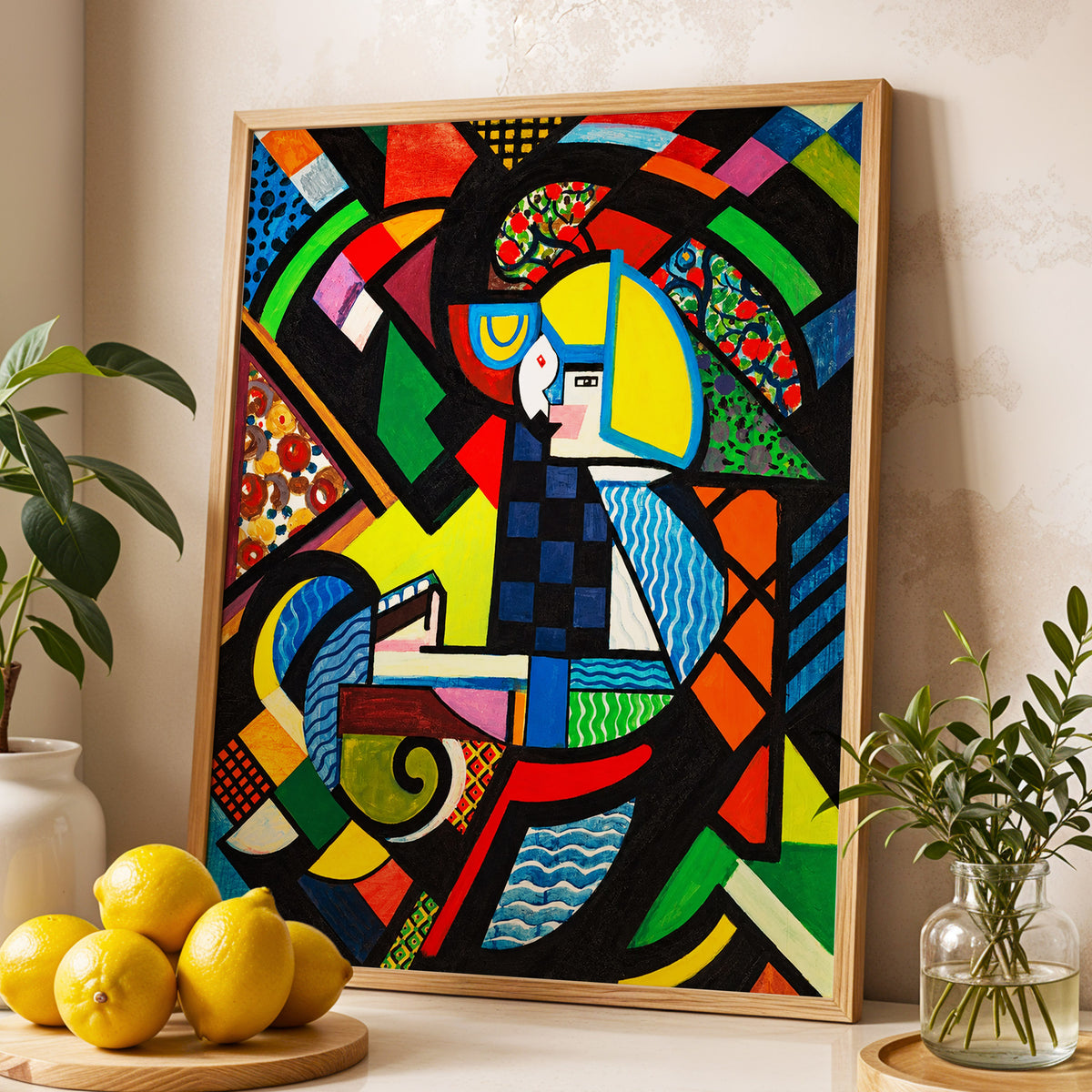 Chromatic Confluence, multicolor, black, blue abstract wall art displayed in a styled interior, gallery view 3