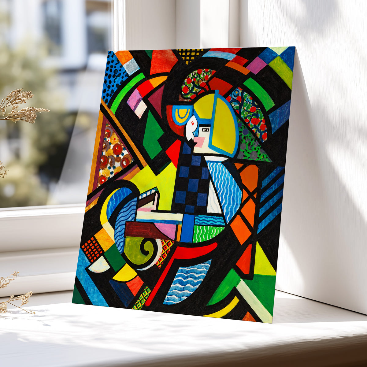 Chromatic Confluence, multicolor, black, blue abstract wall art displayed in a styled interior, gallery view 5