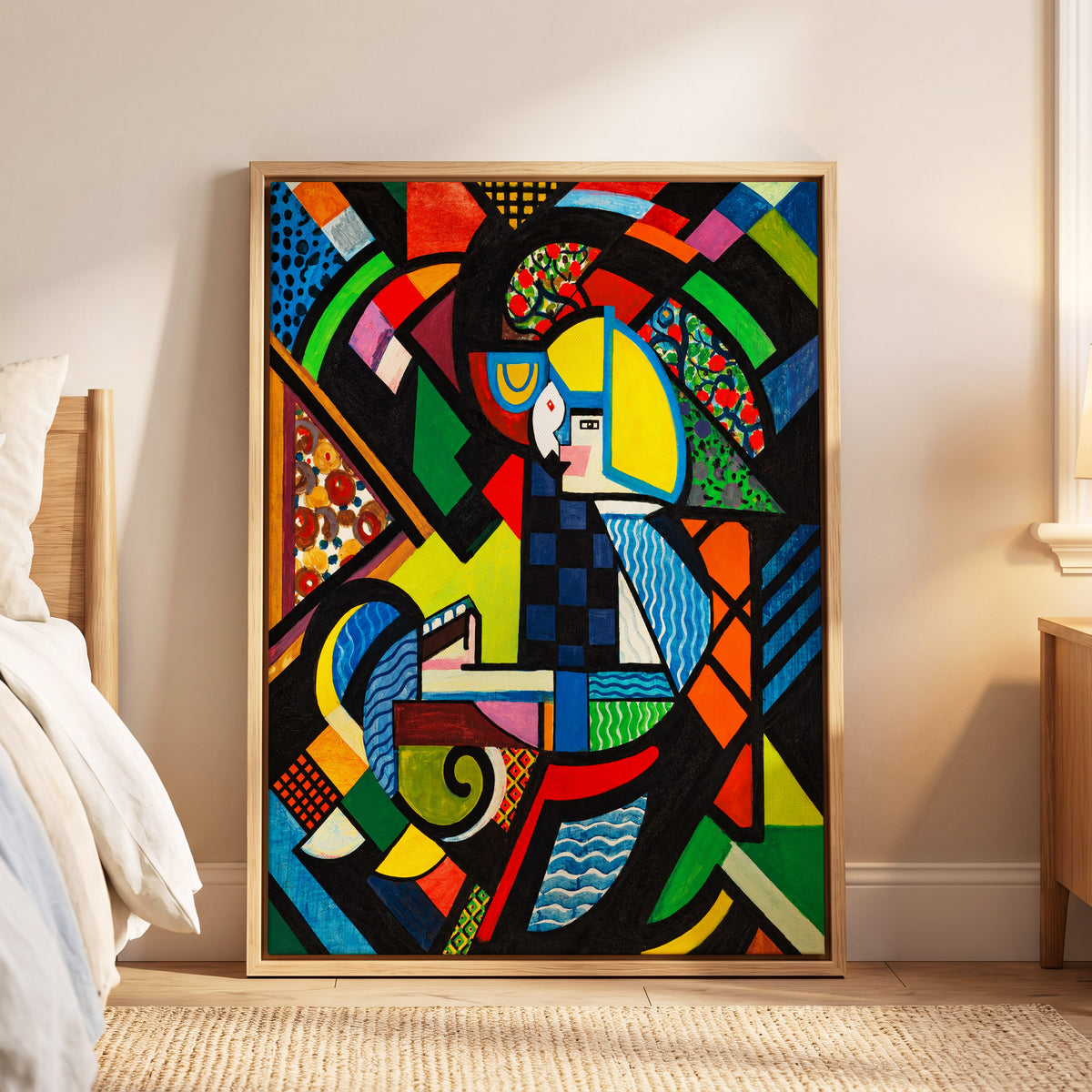 Chromatic Confluence, multicolor, black, blue abstract wall art displayed in a styled interior, gallery view 6