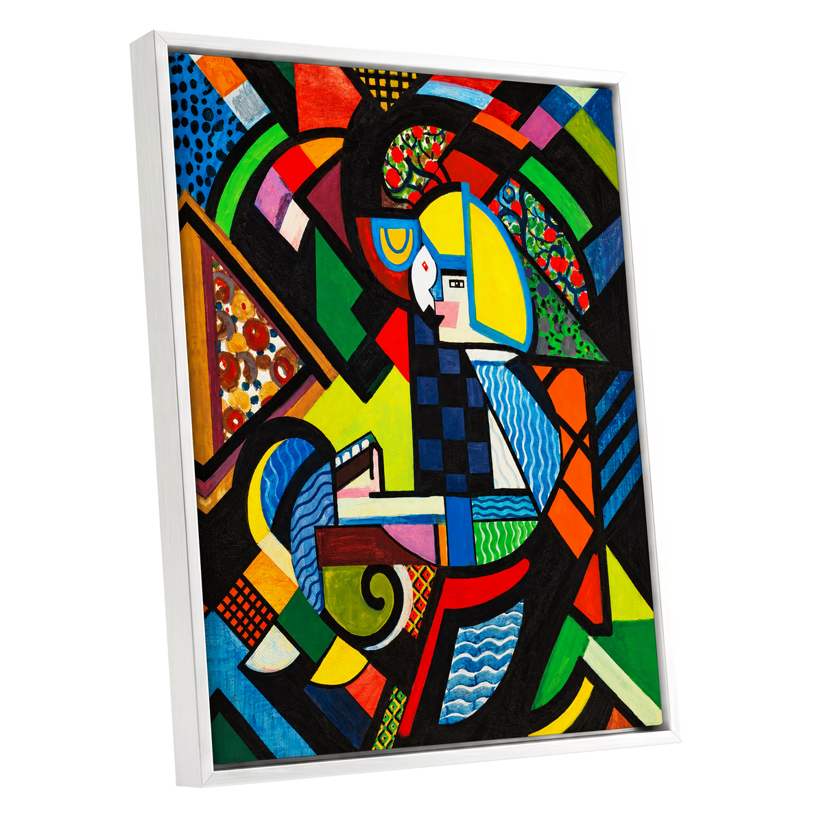 Chromatic Confluence, multicolor, black, blue abstract wall art shown as a white framed canvas wall art