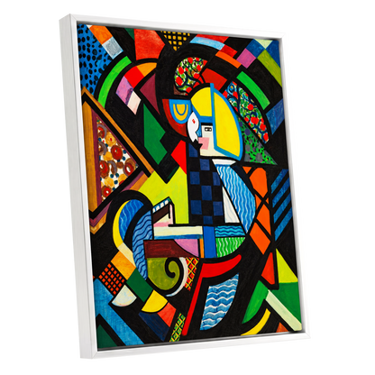 Chromatic Confluence, multicolor, black, blue abstract wall art shown as a white framed canvas wall art