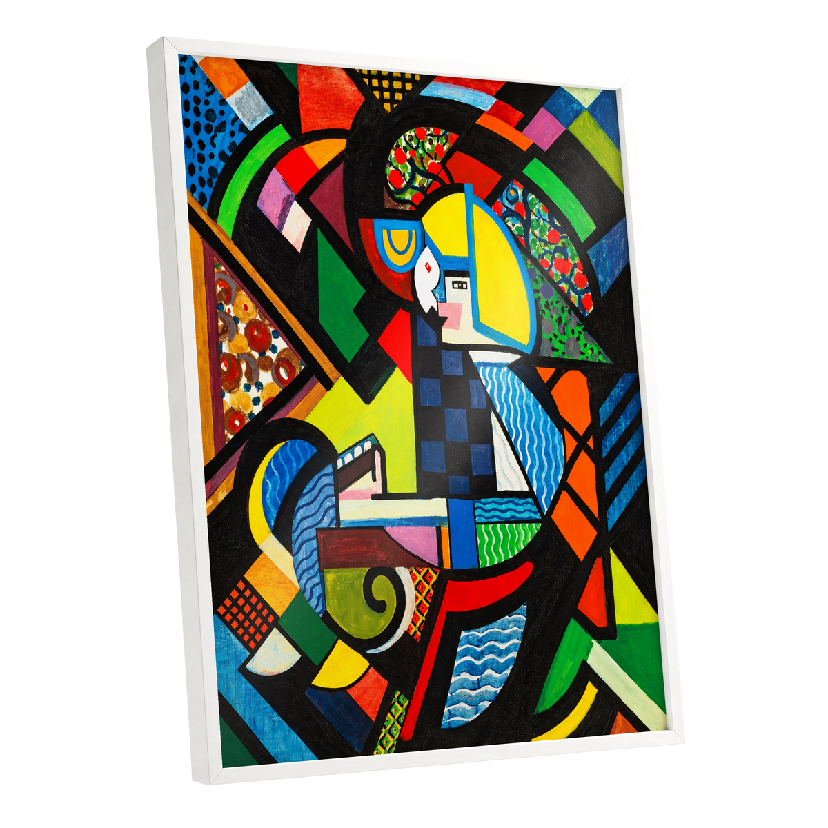 Chromatic Confluence, multicolor, black, blue abstract wall art shown as a white framed poster wall art print