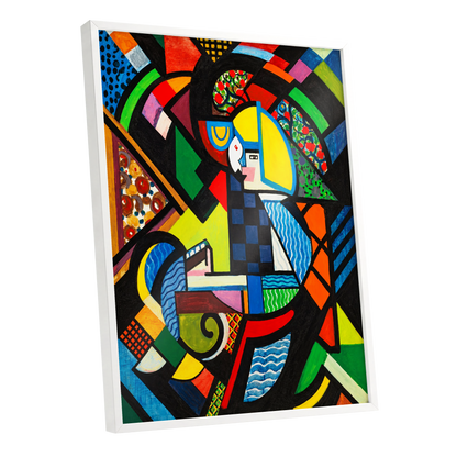 Chromatic Confluence, multicolor, black, blue abstract wall art shown as a white framed poster wall art print