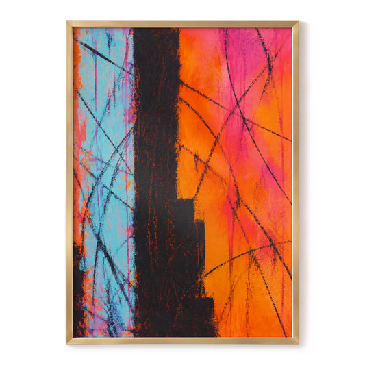Chromatic Crossroads, orange, pink, blue abstract wall art, front artwork view