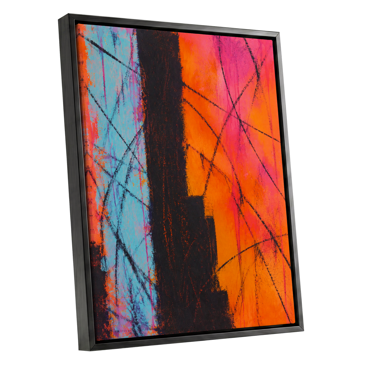 Chromatic Crossroads, orange, pink, blue abstract wall art shown as a black framed canvas wall art