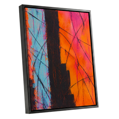 Chromatic Crossroads, orange, pink, blue abstract wall art shown as a black framed canvas wall art