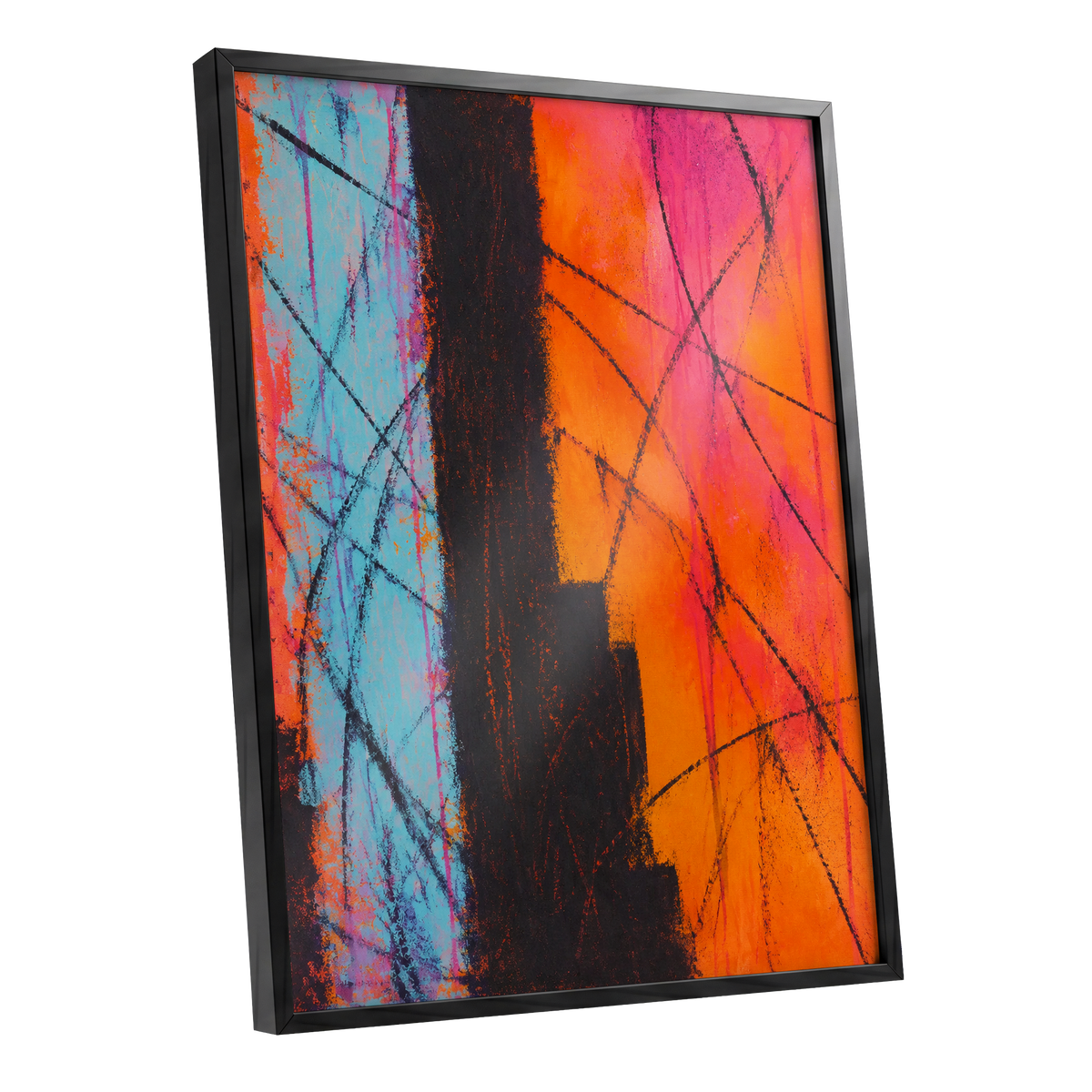 Chromatic Crossroads, orange, pink, blue abstract wall art shown as a black framed poster wall art print