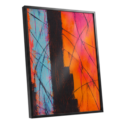 Chromatic Crossroads, orange, pink, blue abstract wall art shown as a black framed poster wall art print