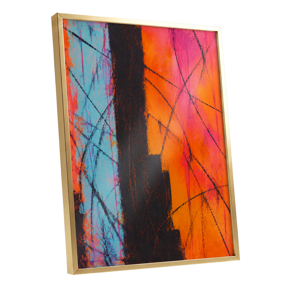 Chromatic Crossroads, orange, pink, blue abstract wall art shown as a gold framed poster wall art print