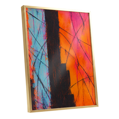 Chromatic Crossroads, orange, pink, blue abstract wall art shown as a gold framed poster wall art print