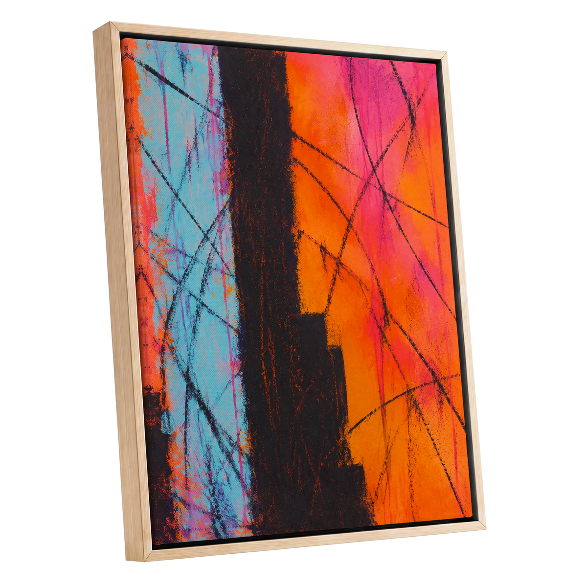 Chromatic Crossroads, orange, pink, blue abstract wall art shown as a oak framed canvas wall art