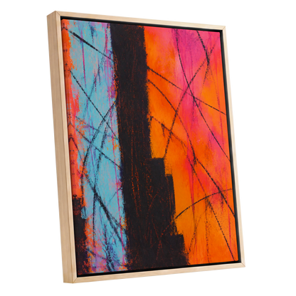 Chromatic Crossroads, orange, pink, blue abstract wall art shown as a oak framed canvas wall art