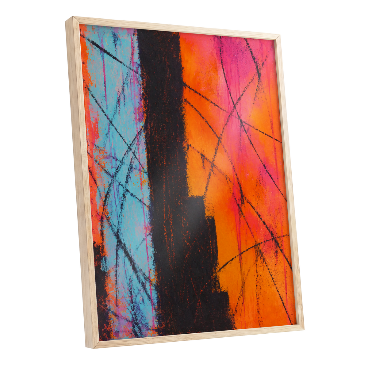 Chromatic Crossroads, orange, pink, blue abstract wall art shown as a oak framed poster wall art print