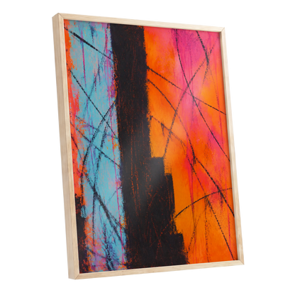 Chromatic Crossroads, orange, pink, blue abstract wall art shown as a oak framed poster wall art print
