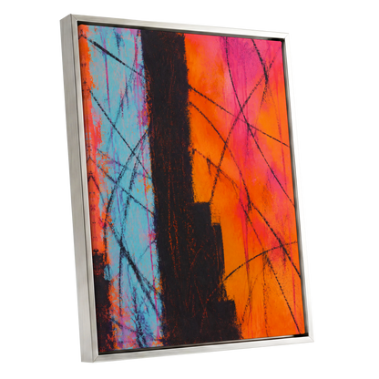 Chromatic Crossroads, orange, pink, blue abstract wall art shown as a silver framed canvas wall art