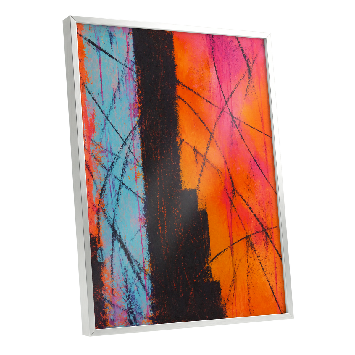 Chromatic Crossroads, orange, pink, blue abstract wall art shown as a silver framed poster wall art print