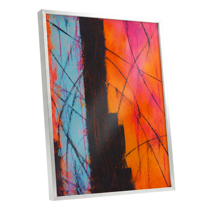Chromatic Crossroads, orange, pink, blue abstract wall art shown as a silver framed poster wall art print