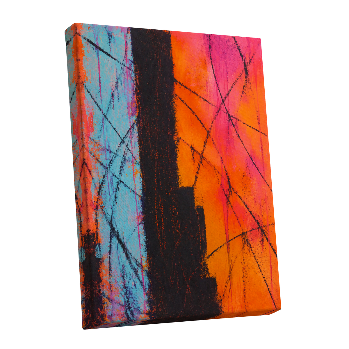 Chromatic Crossroads, orange, pink, blue abstract wall art shown as a stretched canvas wall art