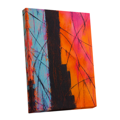 Chromatic Crossroads, orange, pink, blue abstract wall art shown as a stretched canvas wall art