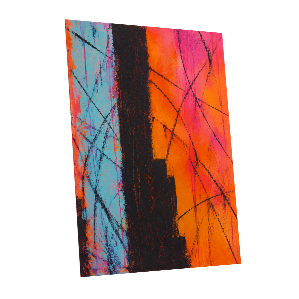 Chromatic Crossroads, orange, pink, blue abstract wall art shown as a unframed poster wall art print
