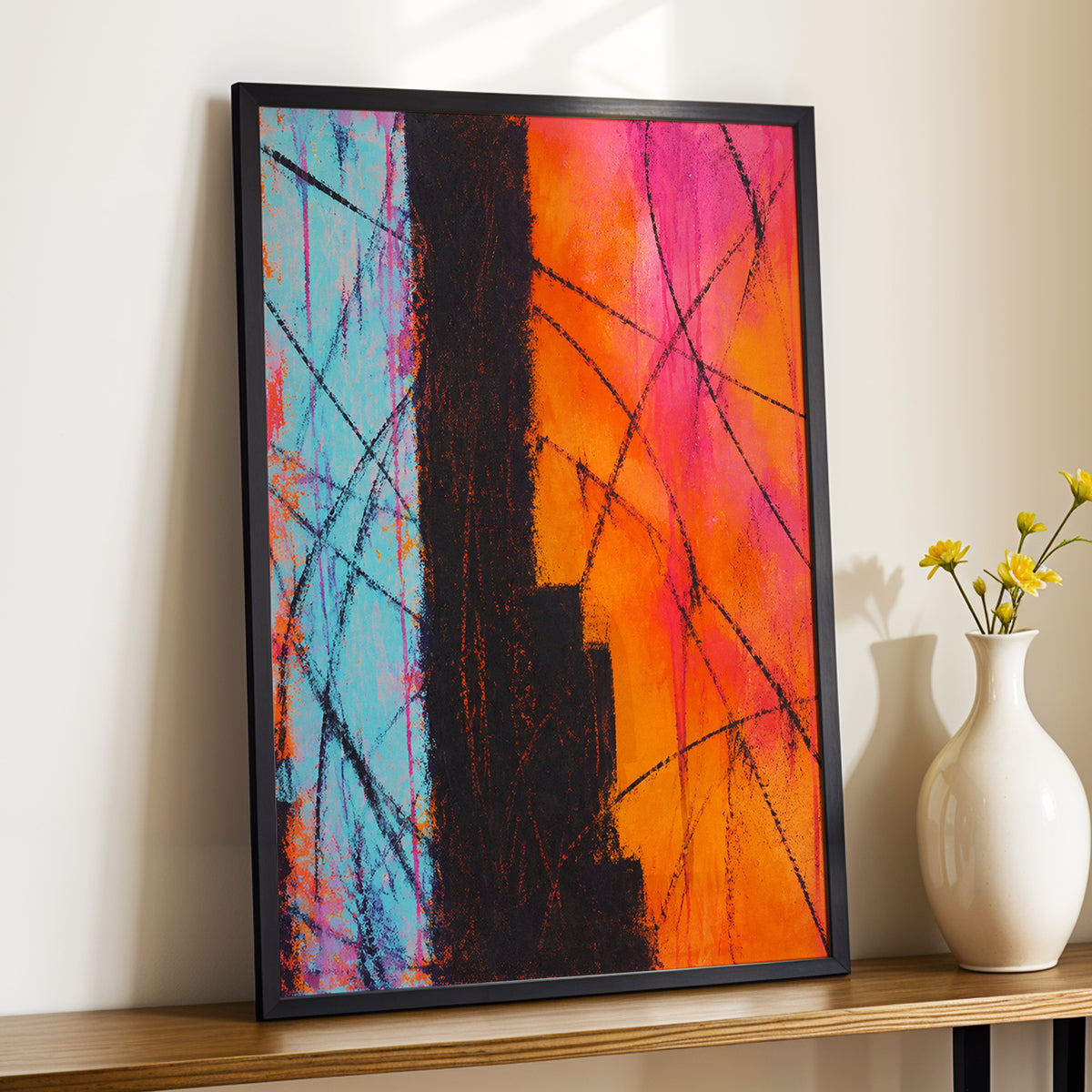 Chromatic Crossroads, orange, pink, blue abstract wall art displayed in a styled interior, gallery view 2