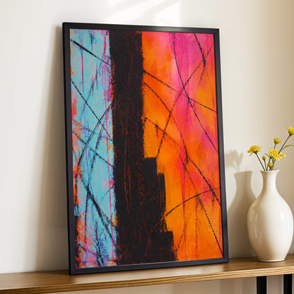 Chromatic Crossroads, orange, pink, blue abstract wall art displayed in a styled interior, gallery view 2
