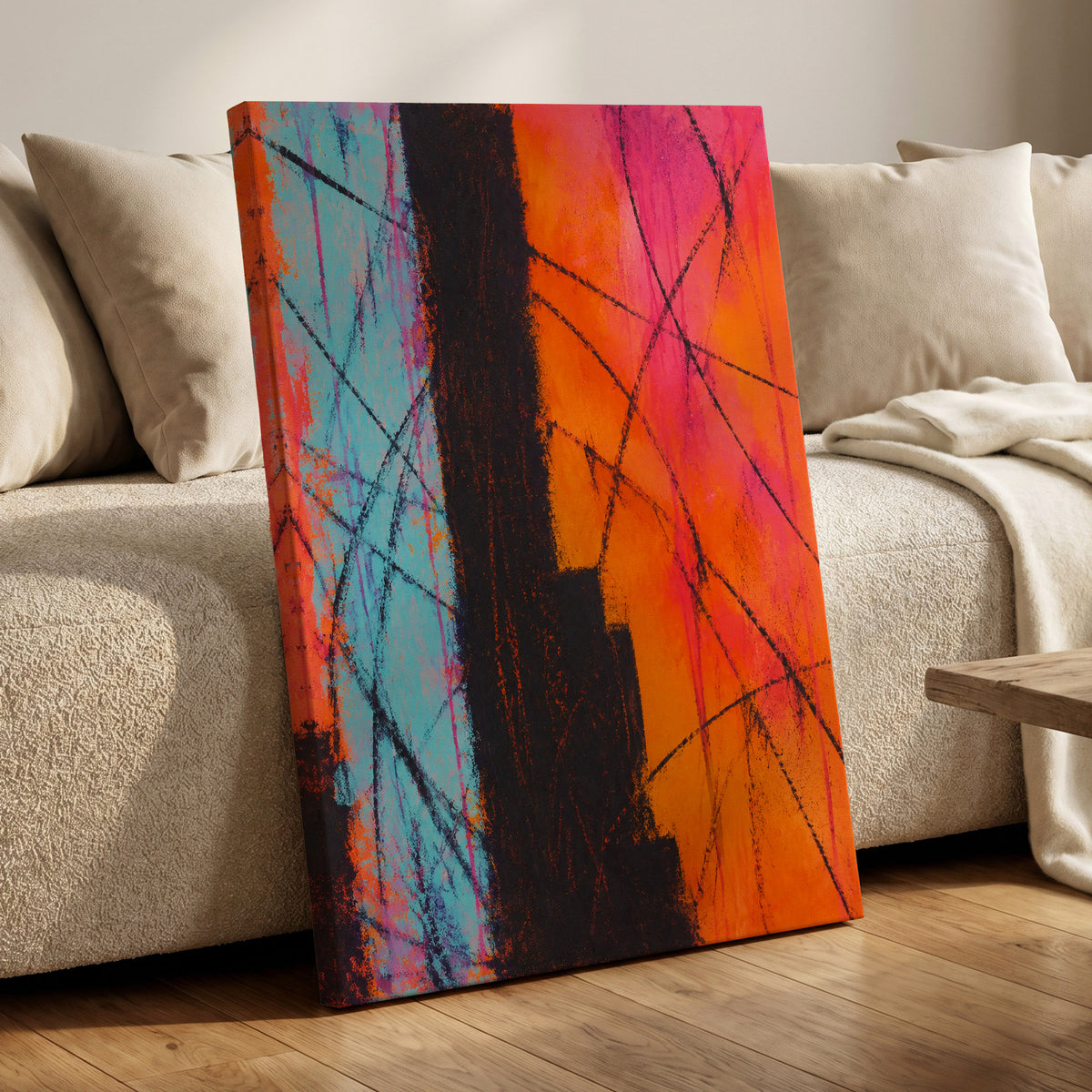 Chromatic Crossroads, orange, pink, blue abstract wall art displayed in a styled interior, gallery view 3