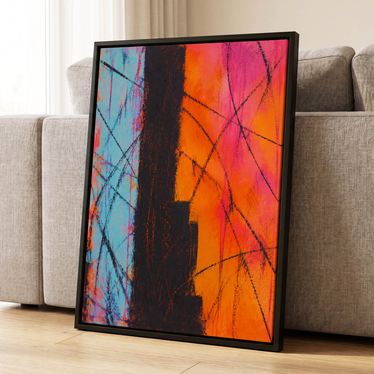 Chromatic Crossroads, orange, pink, blue abstract wall art displayed in a styled interior, gallery view 4