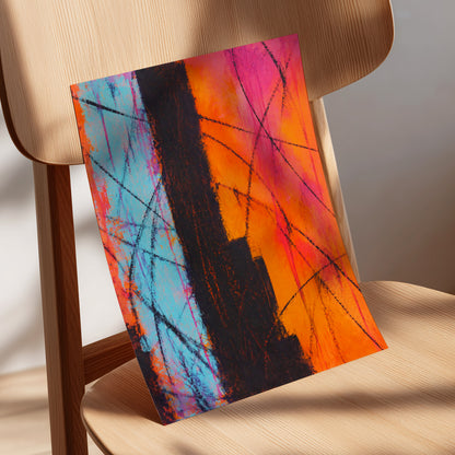 Chromatic Crossroads, orange, pink, blue abstract wall art displayed in a styled interior, gallery view 5