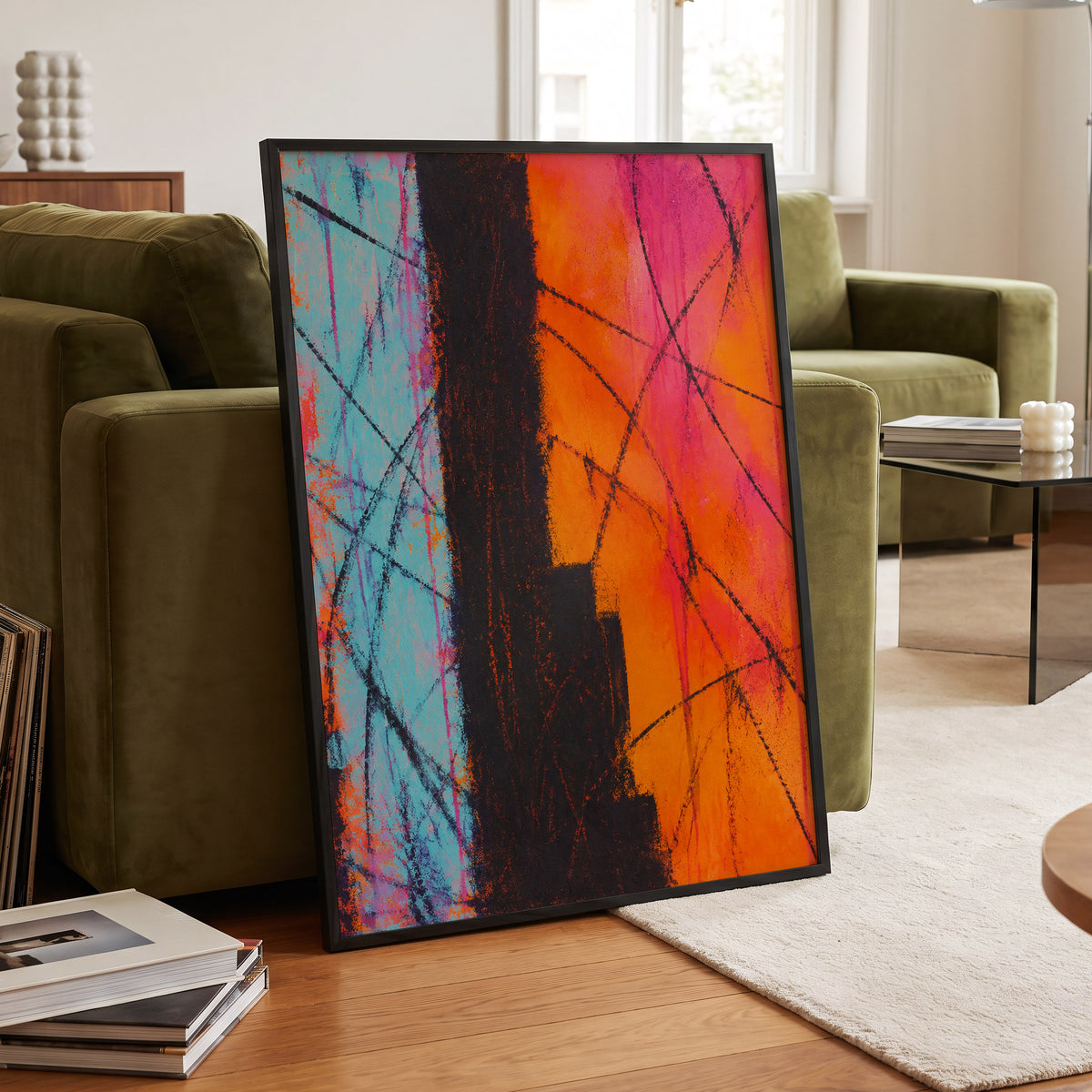 Chromatic Crossroads, orange, pink, blue abstract wall art displayed in a styled interior, gallery view 6