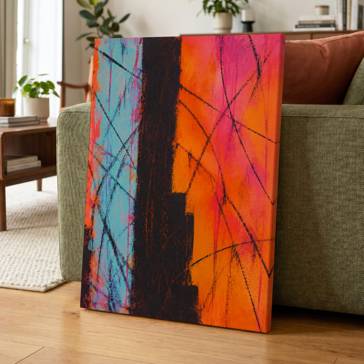 Chromatic Crossroads, orange, pink, blue abstract wall art displayed in a styled interior, gallery view 7