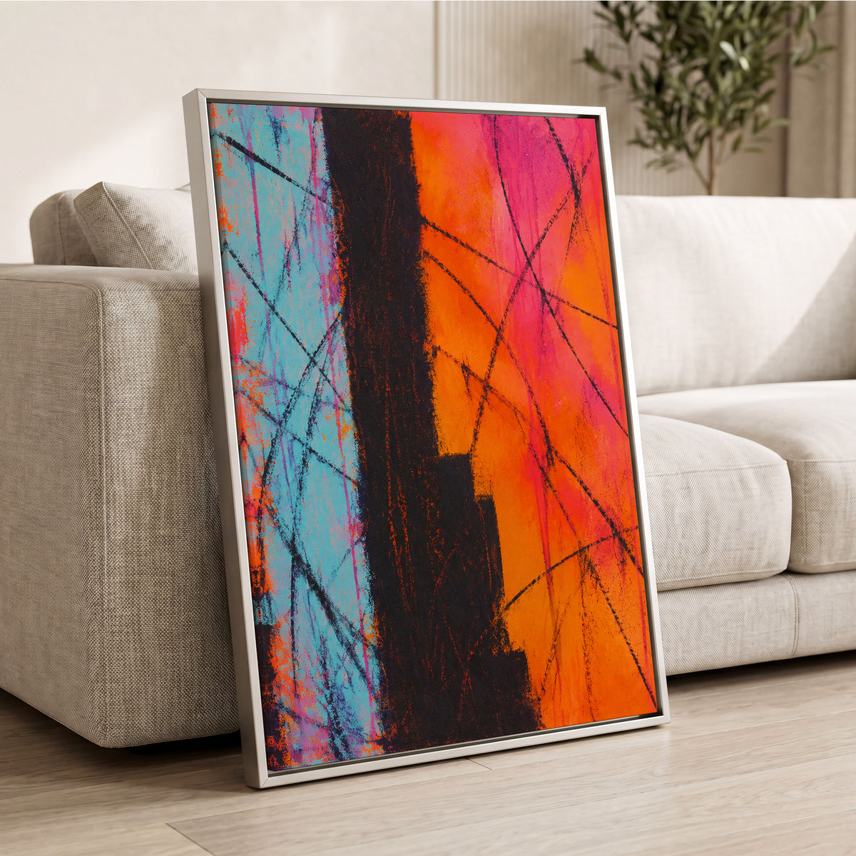 Chromatic Crossroads, orange, pink, blue abstract wall art displayed in a styled interior, gallery view 8