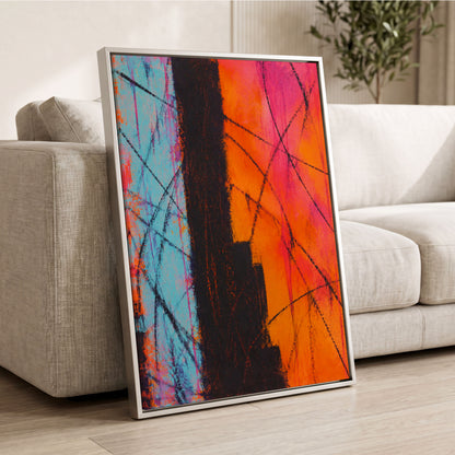 Chromatic Crossroads, orange, pink, blue abstract wall art displayed in a styled interior, gallery view 8