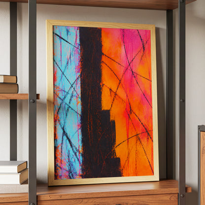 Chromatic Crossroads, orange, pink, blue abstract wall art displayed in a styled interior, gallery view 9