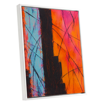Chromatic Crossroads, orange, pink, blue abstract wall art shown as a white framed canvas wall art