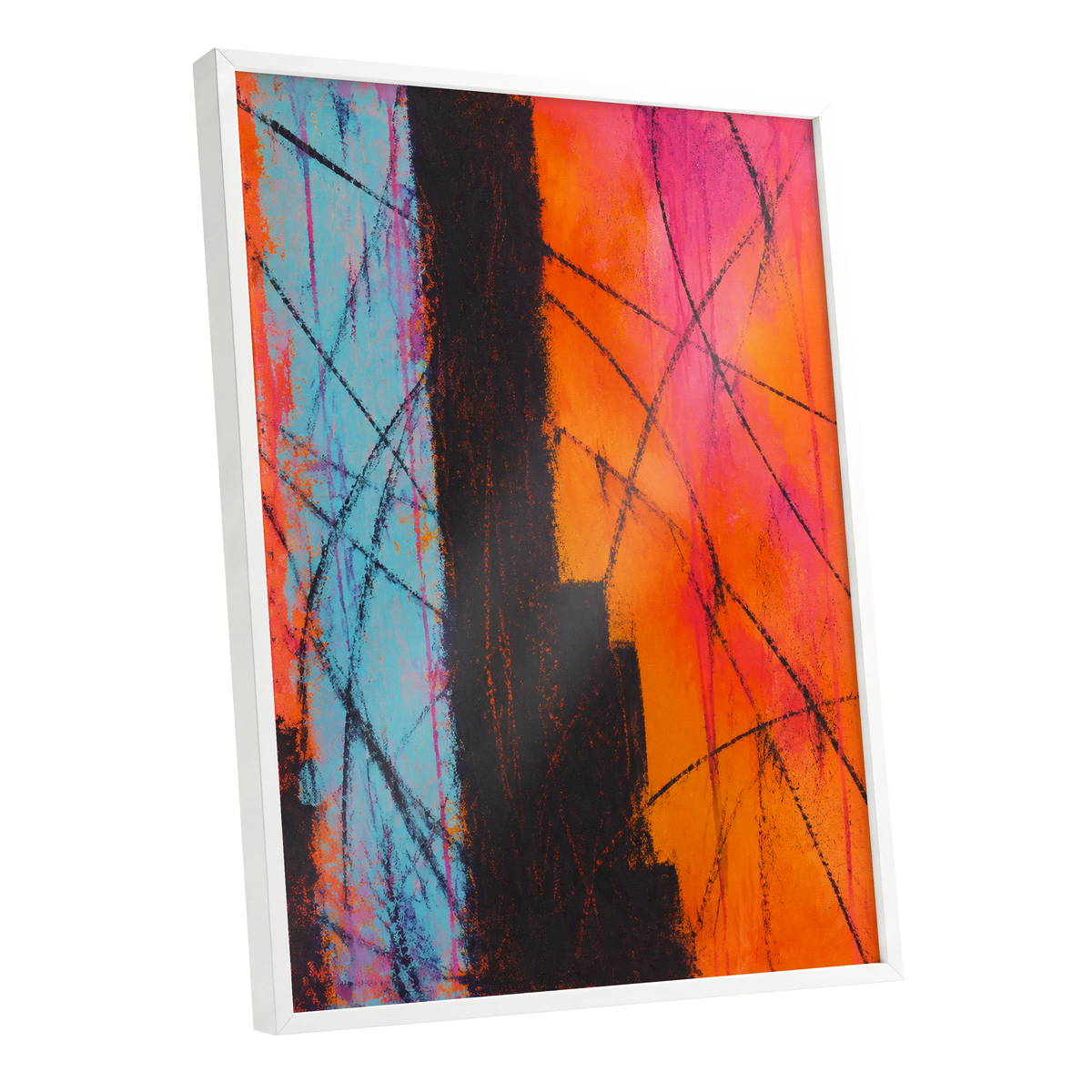 Chromatic Crossroads, orange, pink, blue abstract wall art shown as a white framed poster wall art print