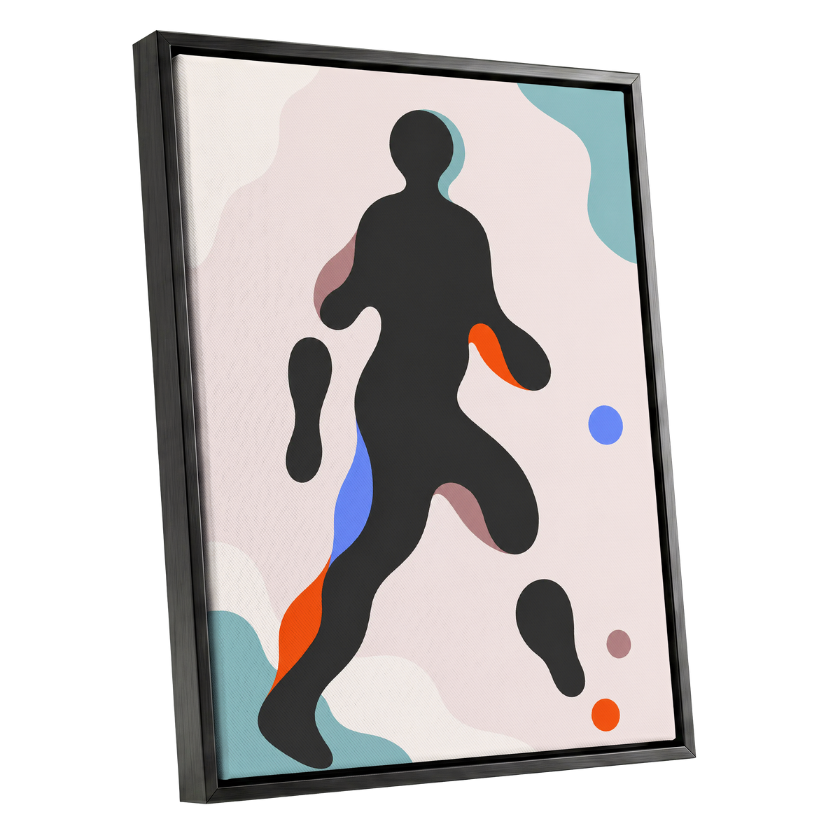 Chromatic Drift, black, pink, blue abstract wall art shown as a black framed canvas wall art