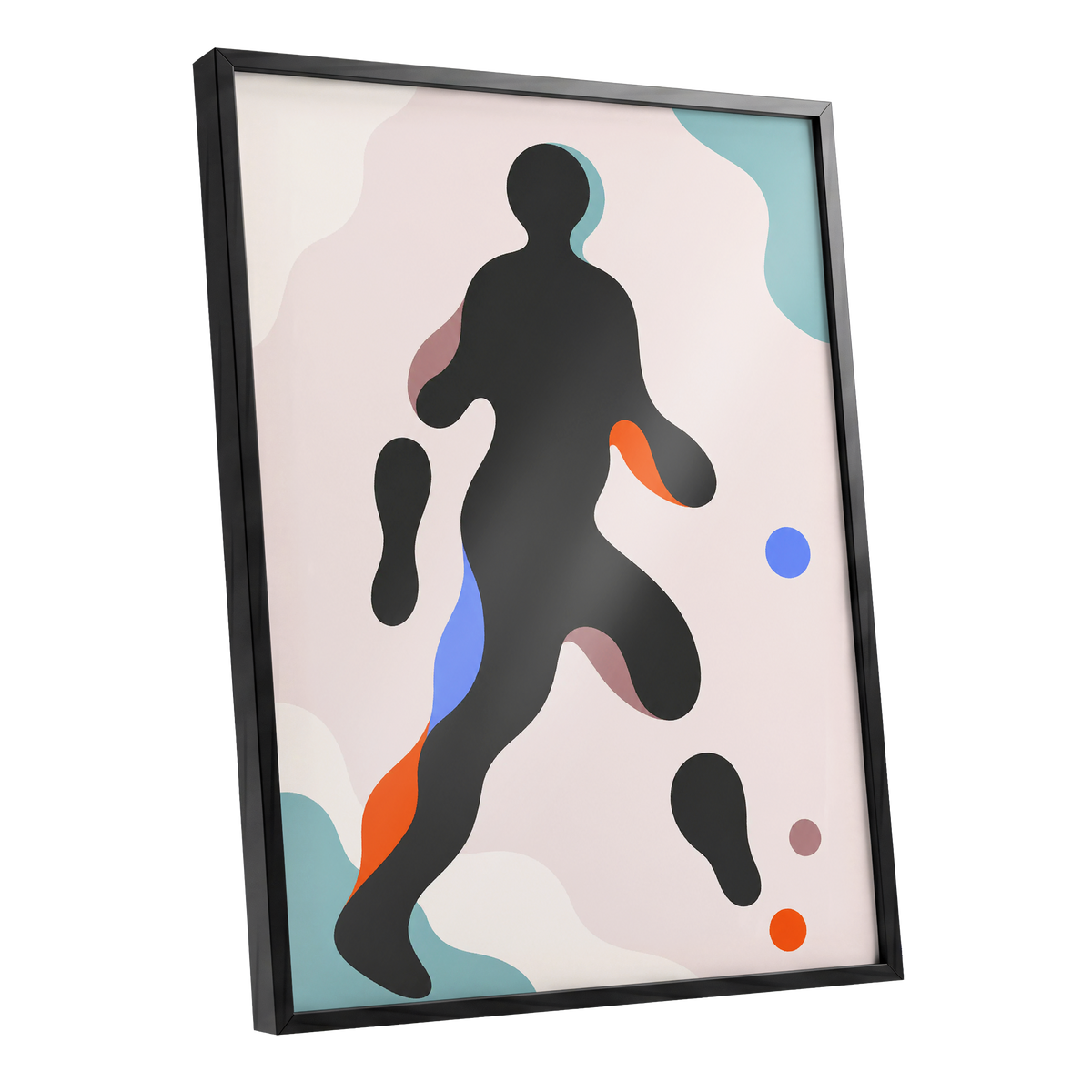 Chromatic Drift, black, pink, blue abstract wall art shown as a black framed poster wall art print