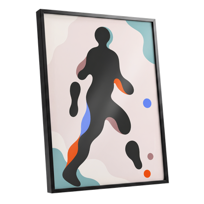 Chromatic Drift, black, pink, blue abstract wall art shown as a black framed poster wall art print