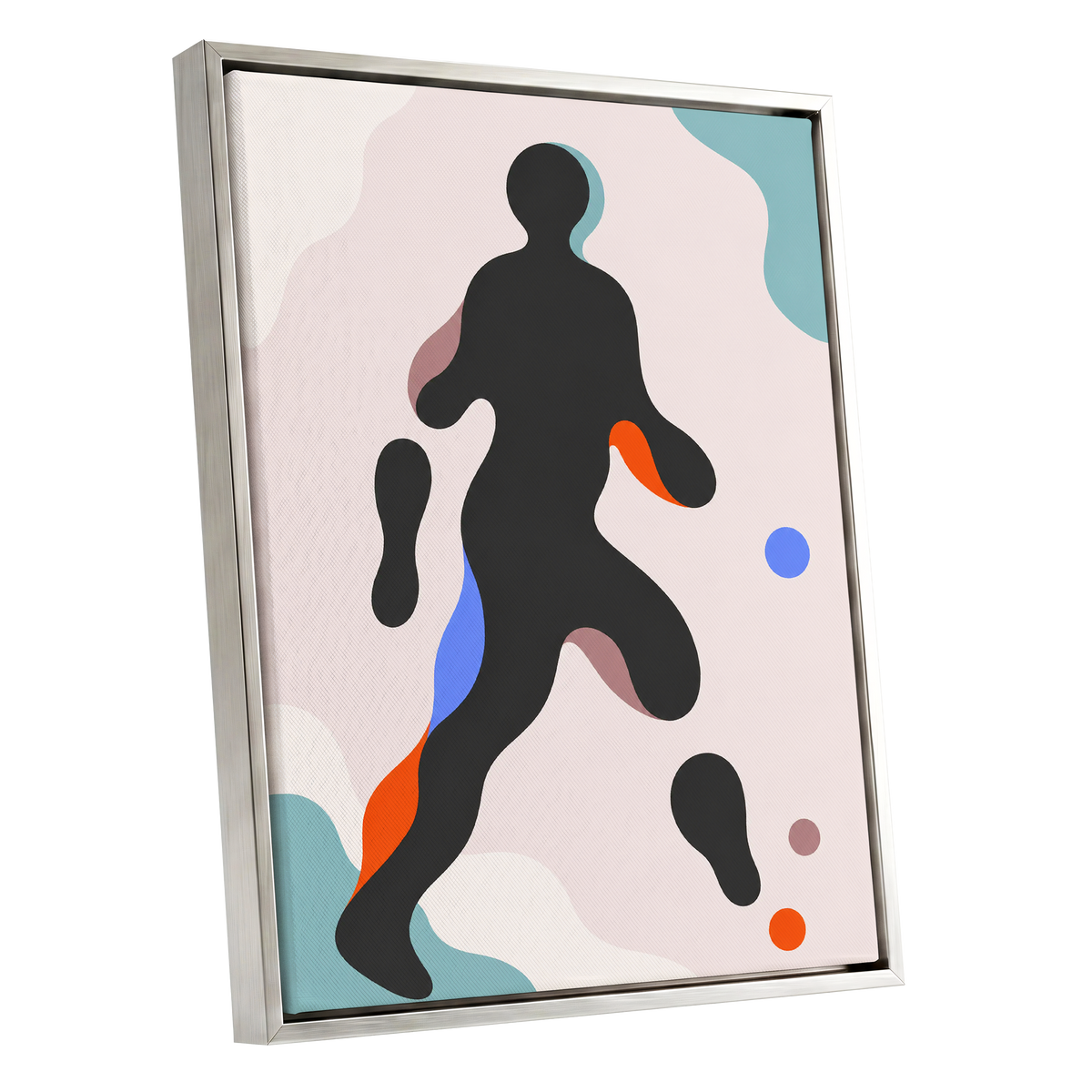 Chromatic Drift, black, pink, blue abstract wall art shown as a silver framed canvas wall art
